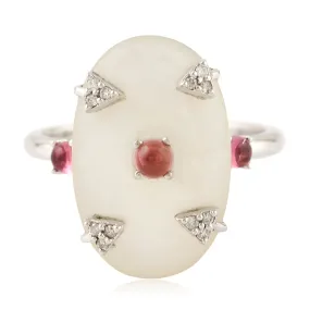 Cocktail Ring Natural Diamond Tourmaline Birthstone June Pearl 18kt White Gold Jewelry