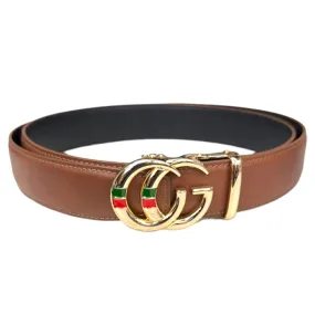 Cognac Men's Leather Belt Gold Buckle Ventage Style Red and Green Strip