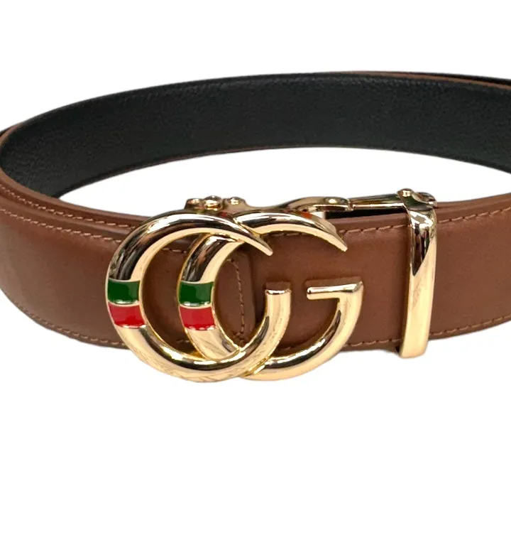Cognac Men's Leather Belt Gold Buckle Ventage Style Red and Green Strip