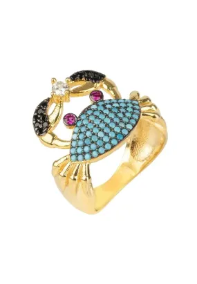Crab Cocktail Ring Blue Turquoise Zirconia, Gold Plate
