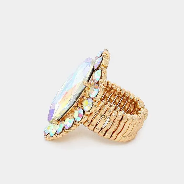 Crystal Abalone Teardrop Stretch Gold Cocktail Ring