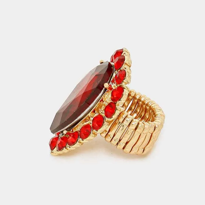 Crystal Red Teardrop Stretch Gold Cocktail Ring