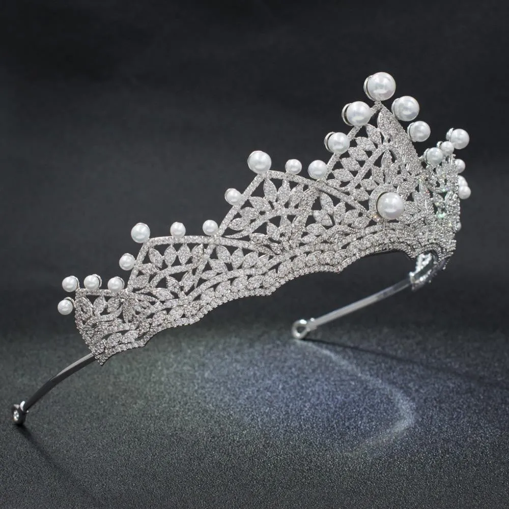 Cubic zircon wedding Pearl Tiara, Bridal Royal Tiaras diadem for Women CH10127