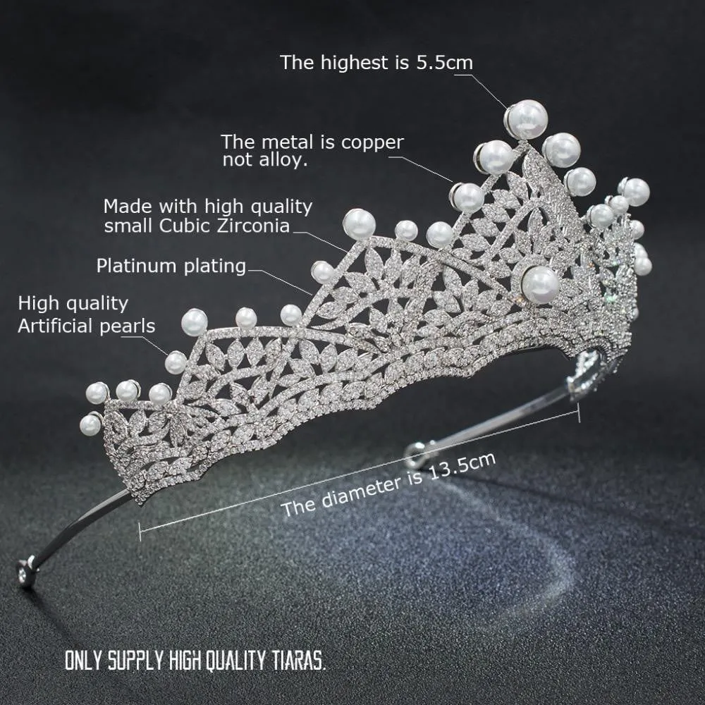 Cubic zircon wedding Pearl Tiara, Bridal Royal Tiaras diadem for Women CH10127