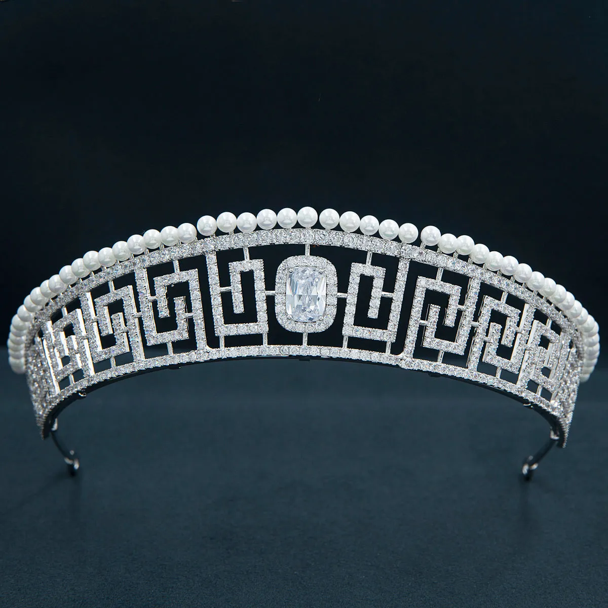 Cubic Zirconia Classic Tiara for Wedding,Pearls Crystal Tiaras Diadem for Bride CH10371