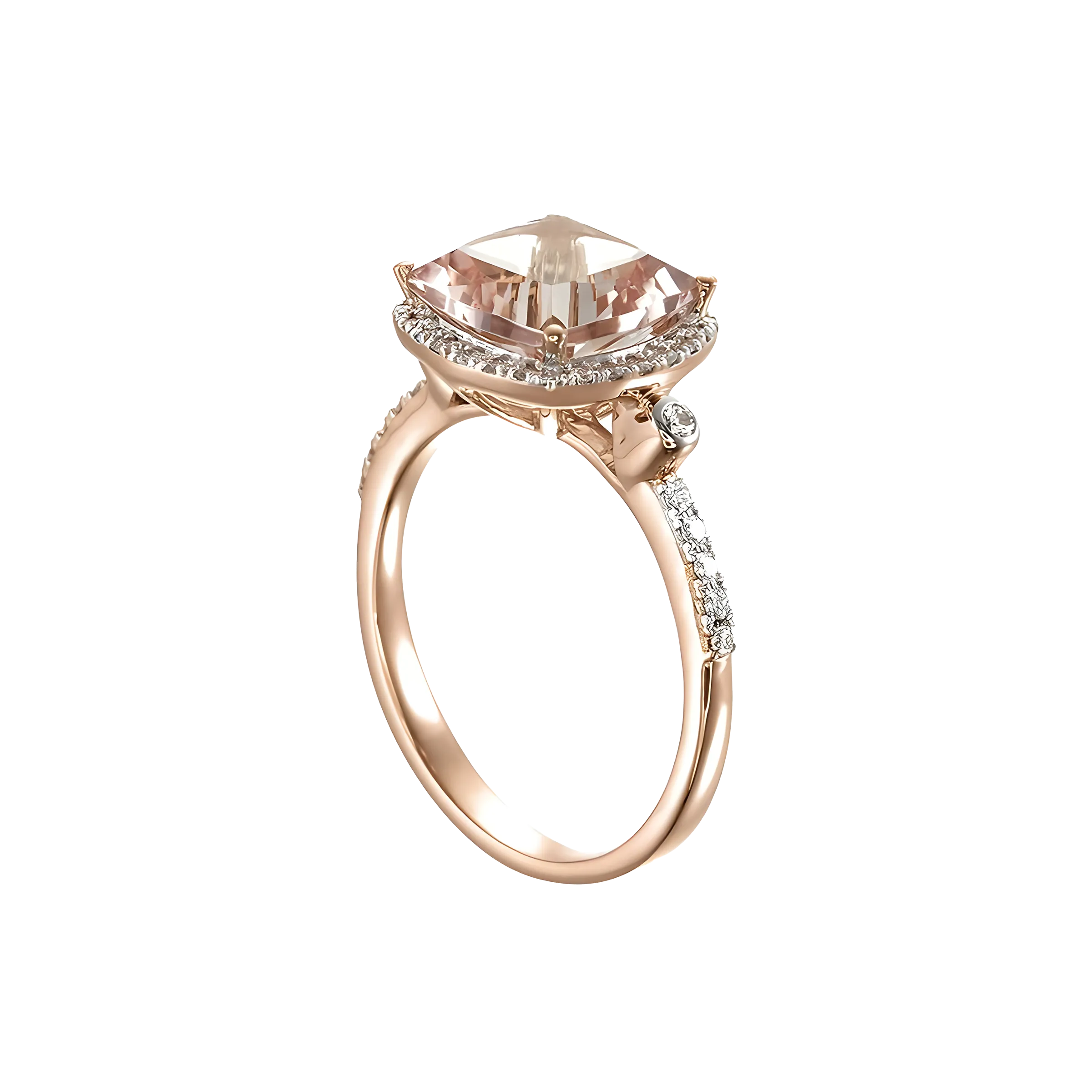 Cushion Morganite and Diamond Halo Luxury Ring in 18k Rose Gold