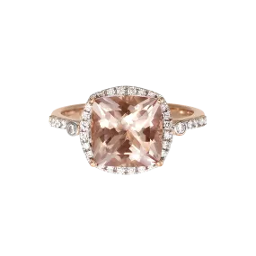 Cushion Morganite and Diamond Halo Luxury Ring in 18k Rose Gold