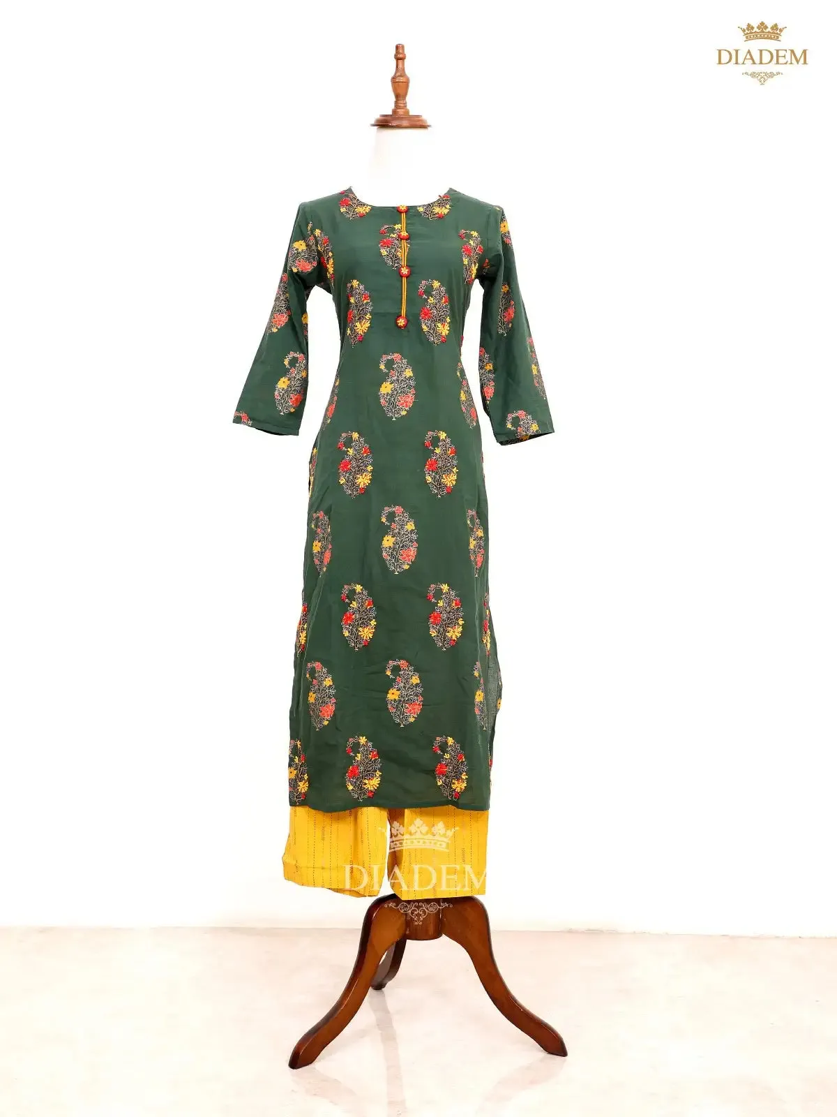 Dark Green Salwar in Manga Motif with Yellow Palazzo Pant and Dupatta