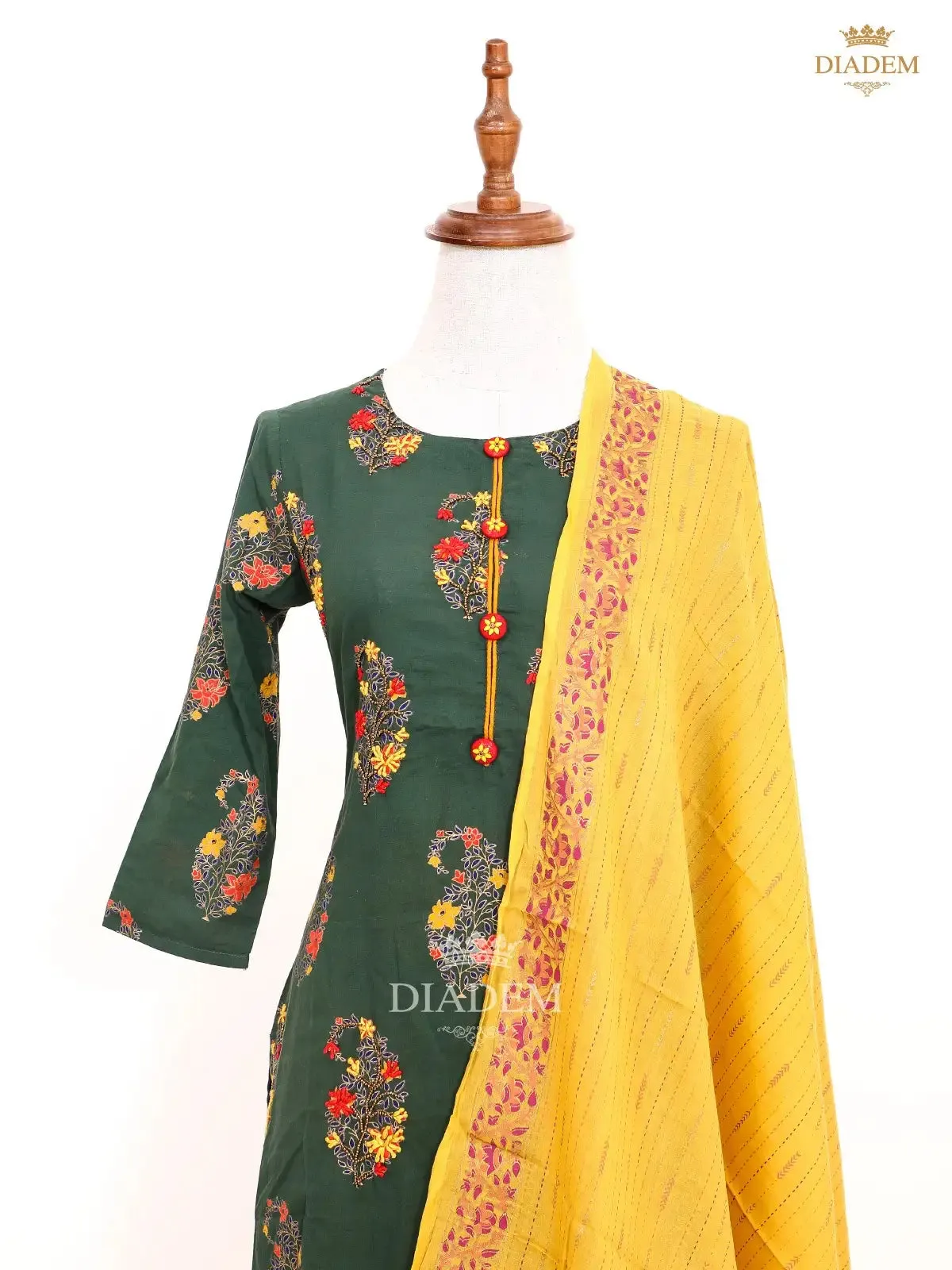 Dark Green Salwar in Manga Motif with Yellow Palazzo Pant and Dupatta