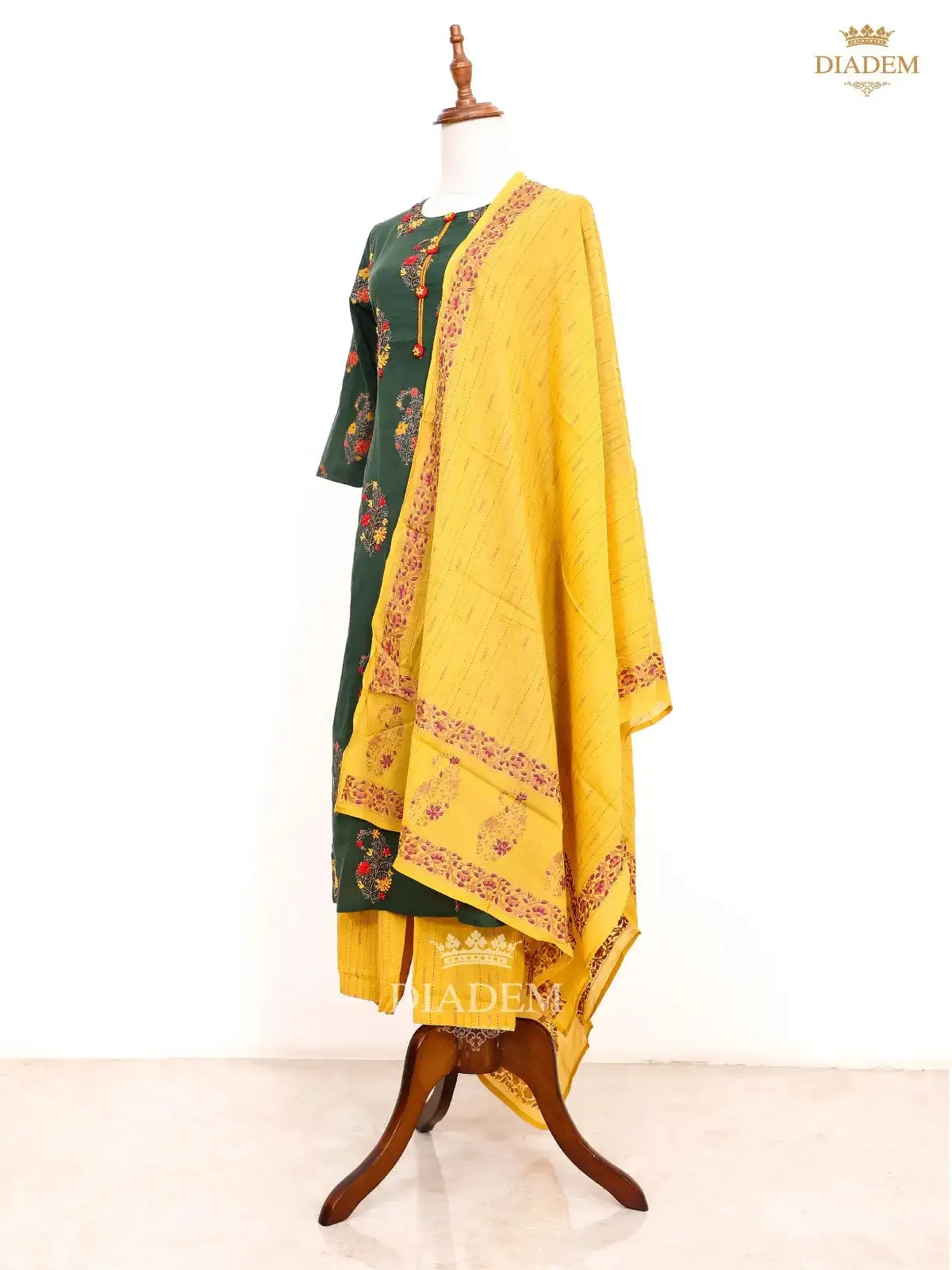 Dark Green Salwar in Manga Motif with Yellow Palazzo Pant and Dupatta