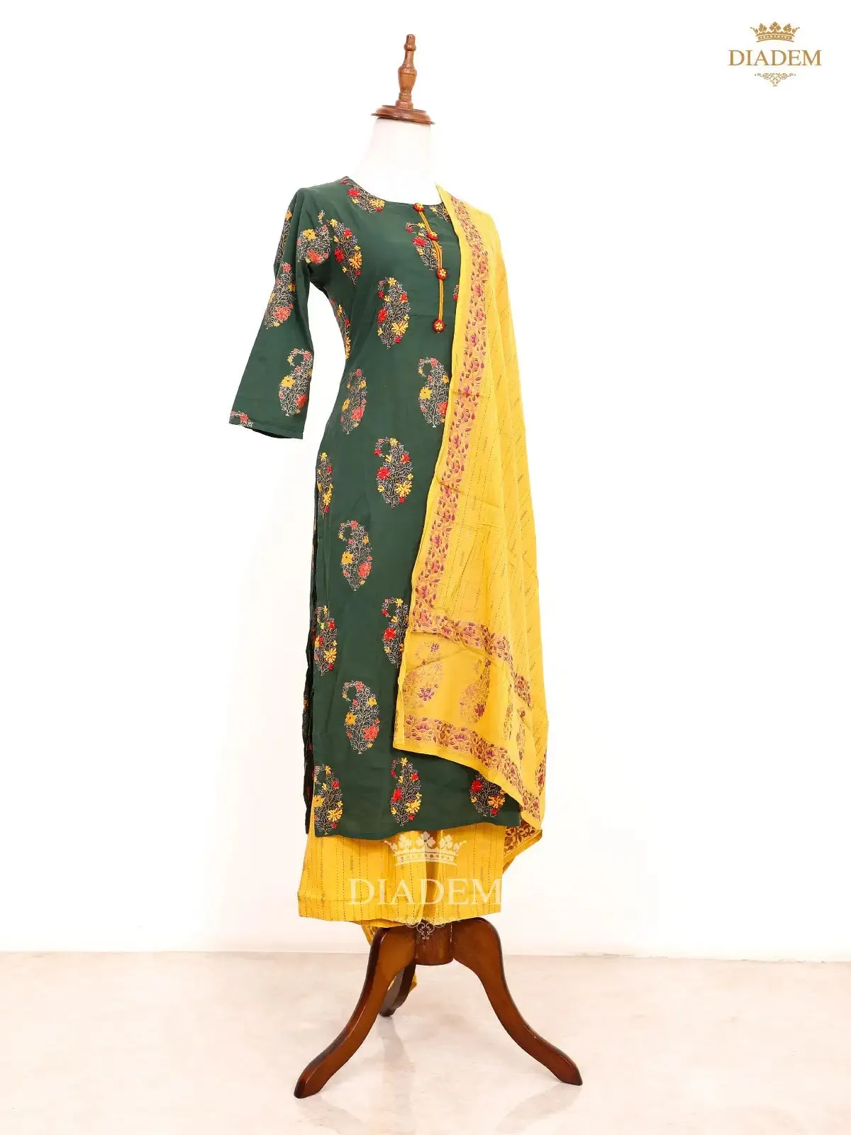Dark Green Salwar in Manga Motif with Yellow Palazzo Pant and Dupatta