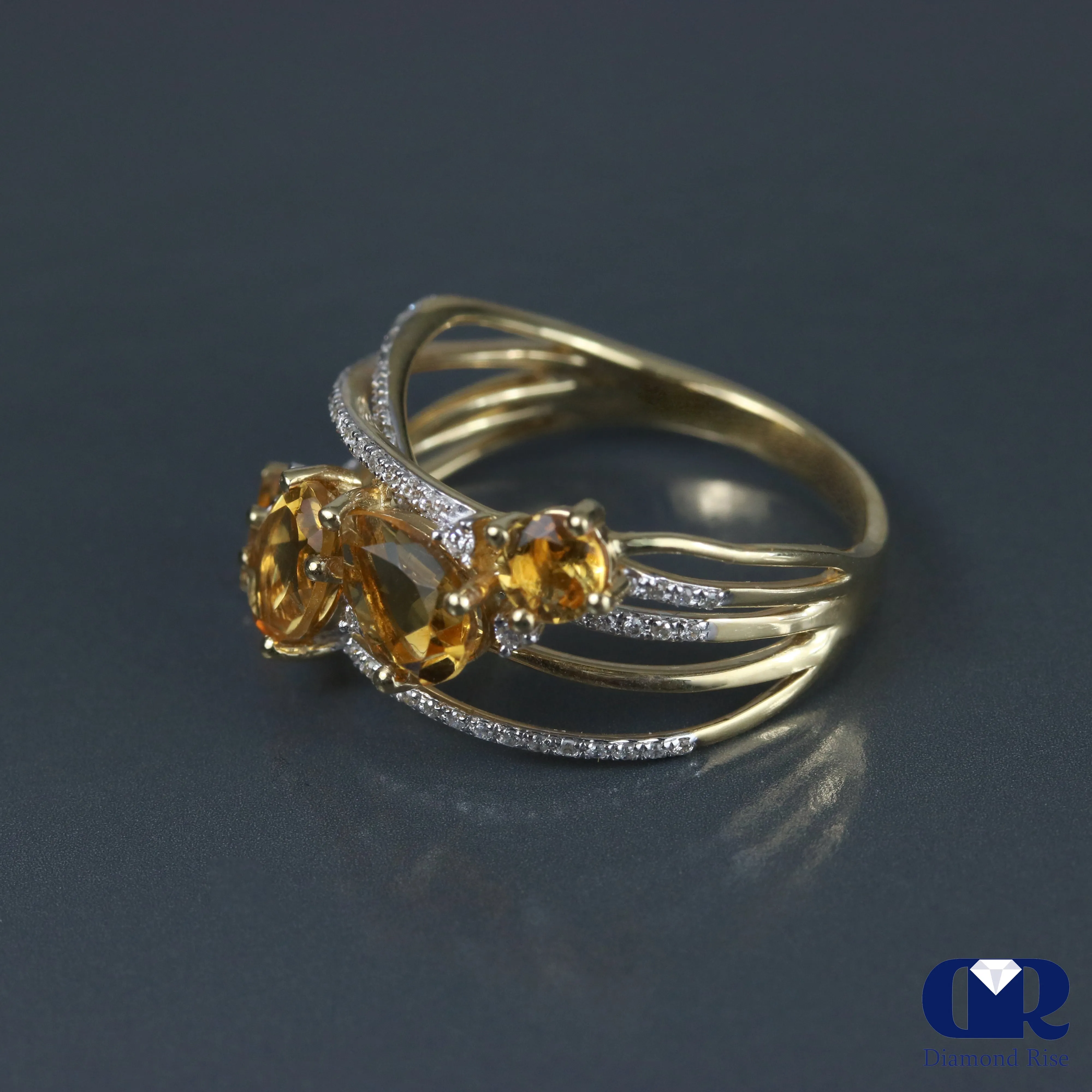 Diamond & Citrine Cocktail Ring & Right Hand Ring In 14K Gold
