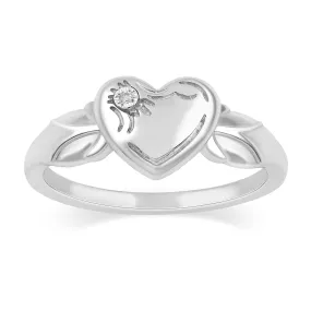 Diamond Set Heart Signet Ring in Sterling Silver