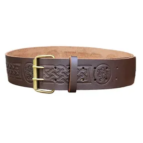 Double Prong Rampant Lion Embossed Brown Leather Kilt Belt