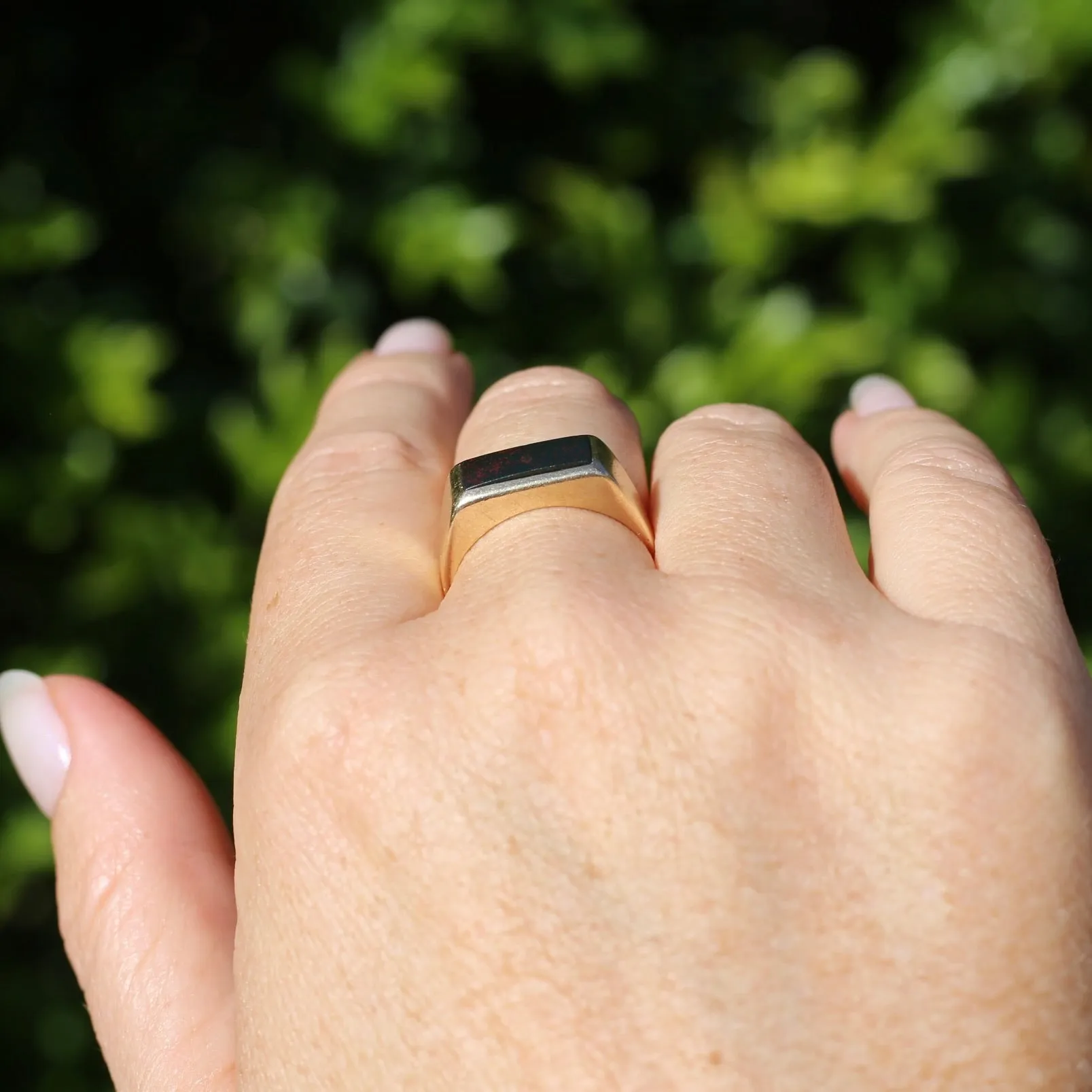 East West Set Bloodstone Signet Ring, 10ct Yellow Gold, size 8.5 or R