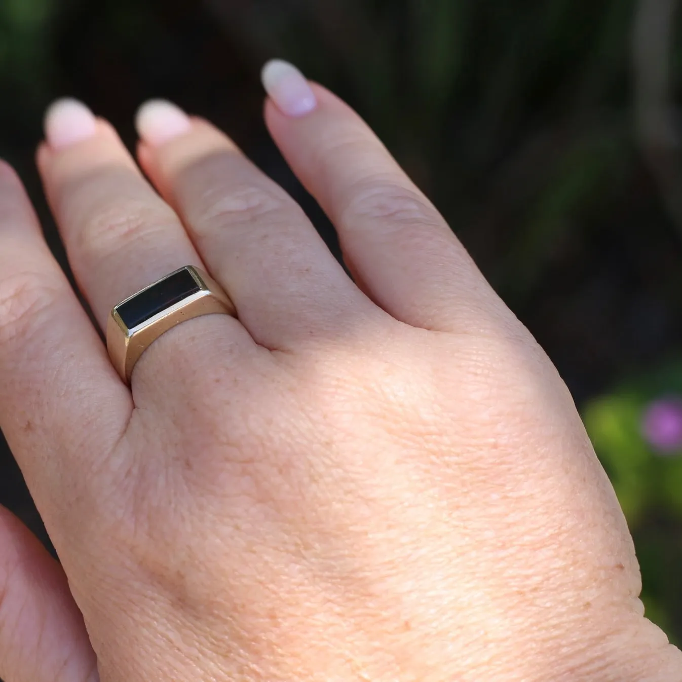 East West Set Bloodstone Signet Ring, 10ct Yellow Gold, size 8.5 or R