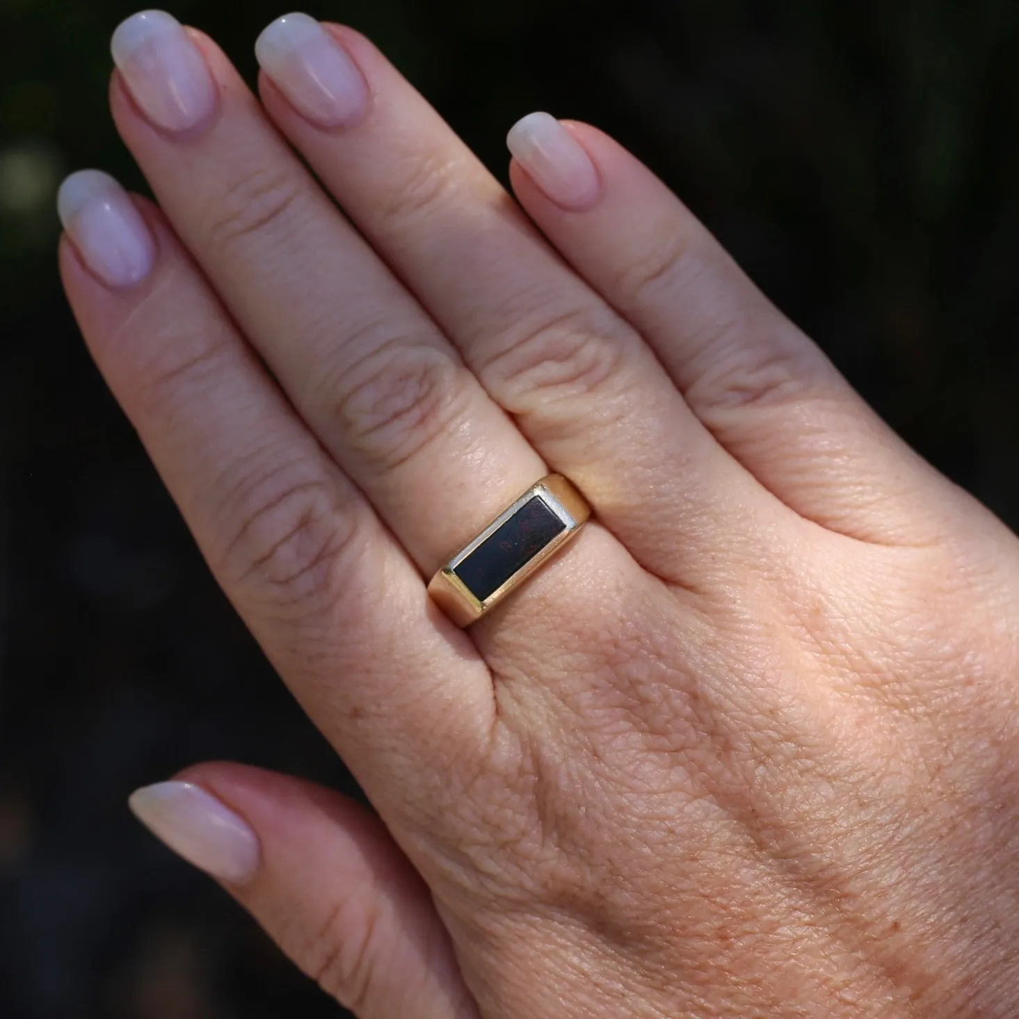East West Set Bloodstone Signet Ring, 10ct Yellow Gold, size 8.5 or R