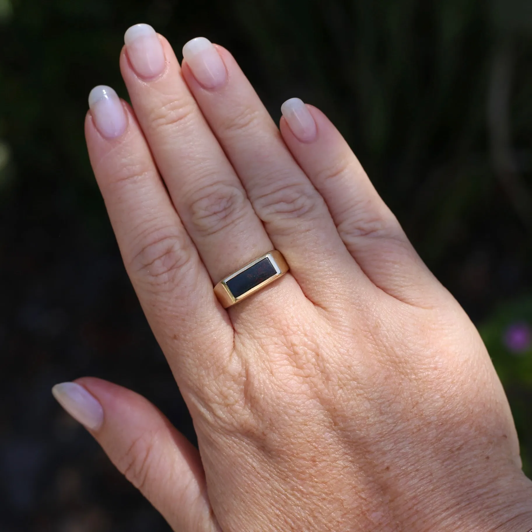 East West Set Bloodstone Signet Ring, 10ct Yellow Gold, size 8.5 or R