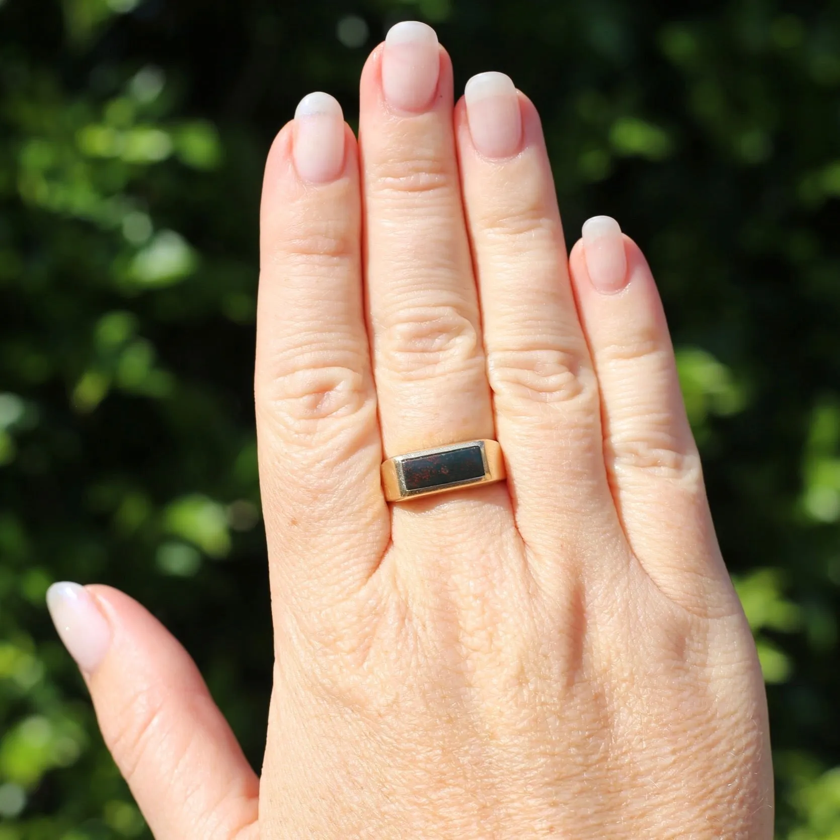 East West Set Bloodstone Signet Ring, 10ct Yellow Gold, size 8.5 or R