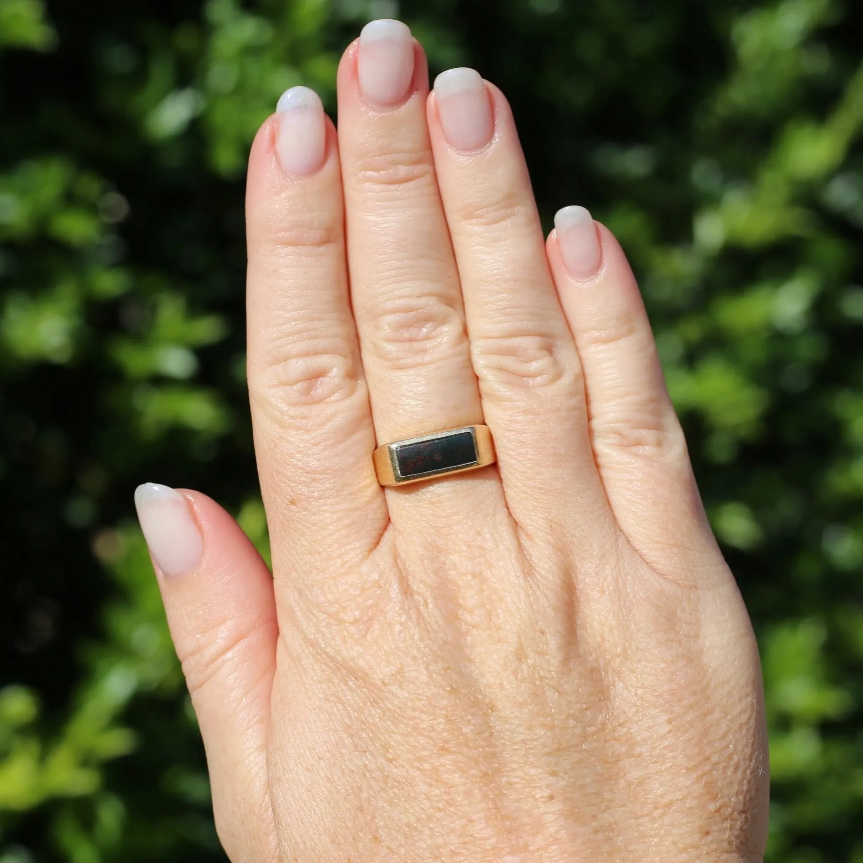 East West Set Bloodstone Signet Ring, 10ct Yellow Gold, size 8.5 or R