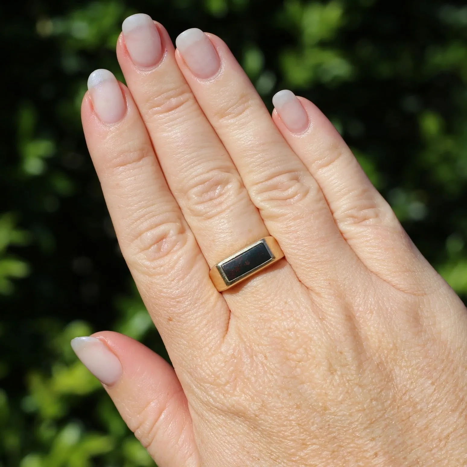 East West Set Bloodstone Signet Ring, 10ct Yellow Gold, size 8.5 or R