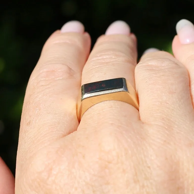 East West Set Bloodstone Signet Ring, 10ct Yellow Gold, size 8.5 or R