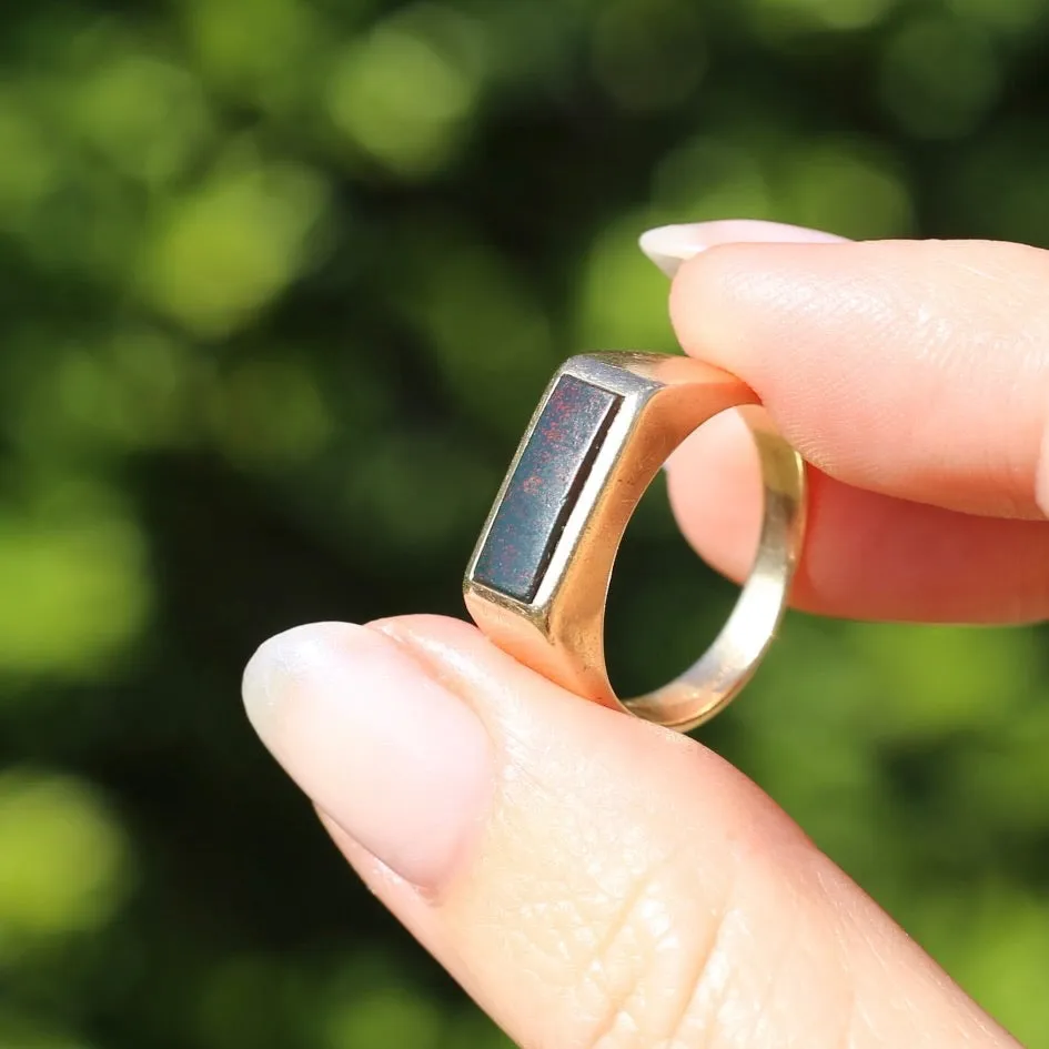 East West Set Bloodstone Signet Ring, 10ct Yellow Gold, size 8.5 or R