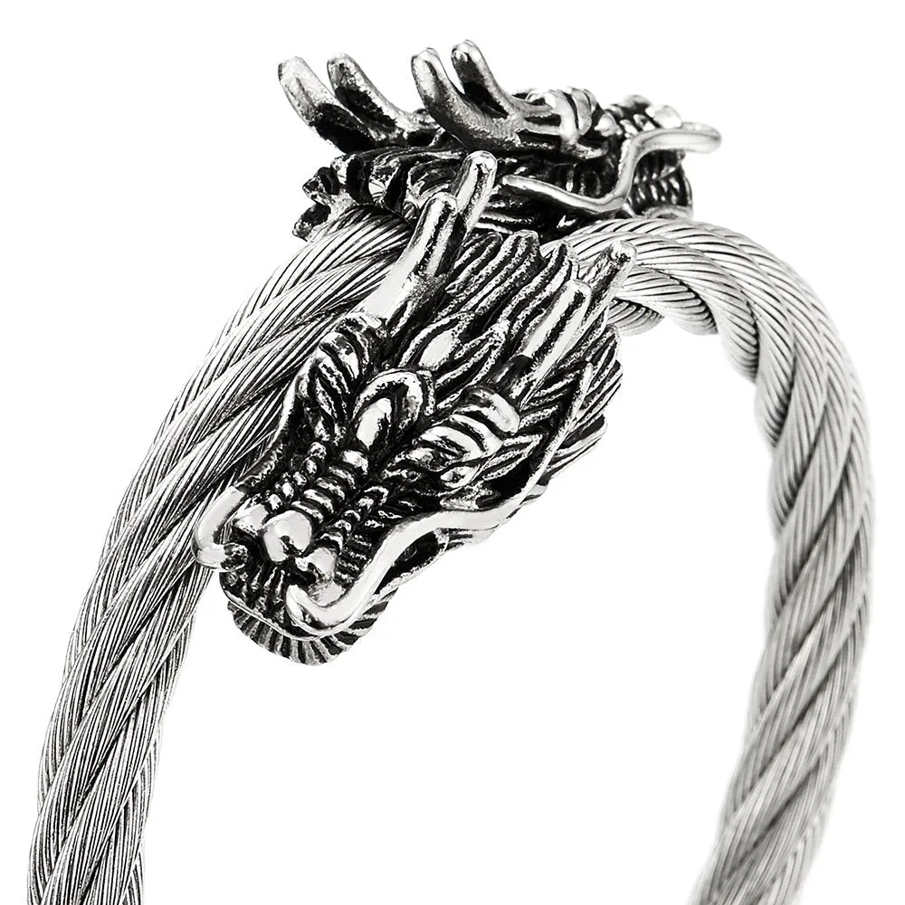 Elastic Adjustable Stainless Steel Mens Cuff Bangle Bracelet with Dragons