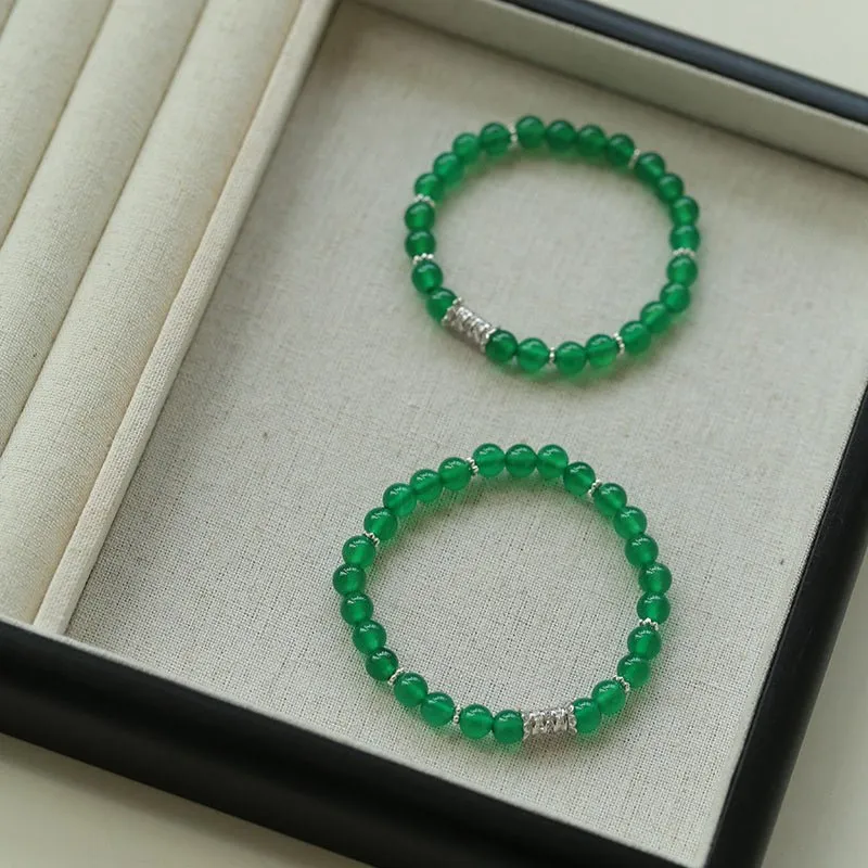 Elastic Bracelet with Zirconia and Green Onyx Beads