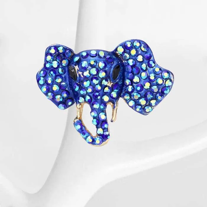 Elephant Blue Rhinestone Gold Stretch Ring