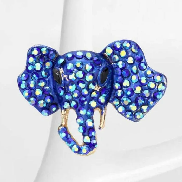 Elephant Blue Rhinestone Gold Stretch Ring