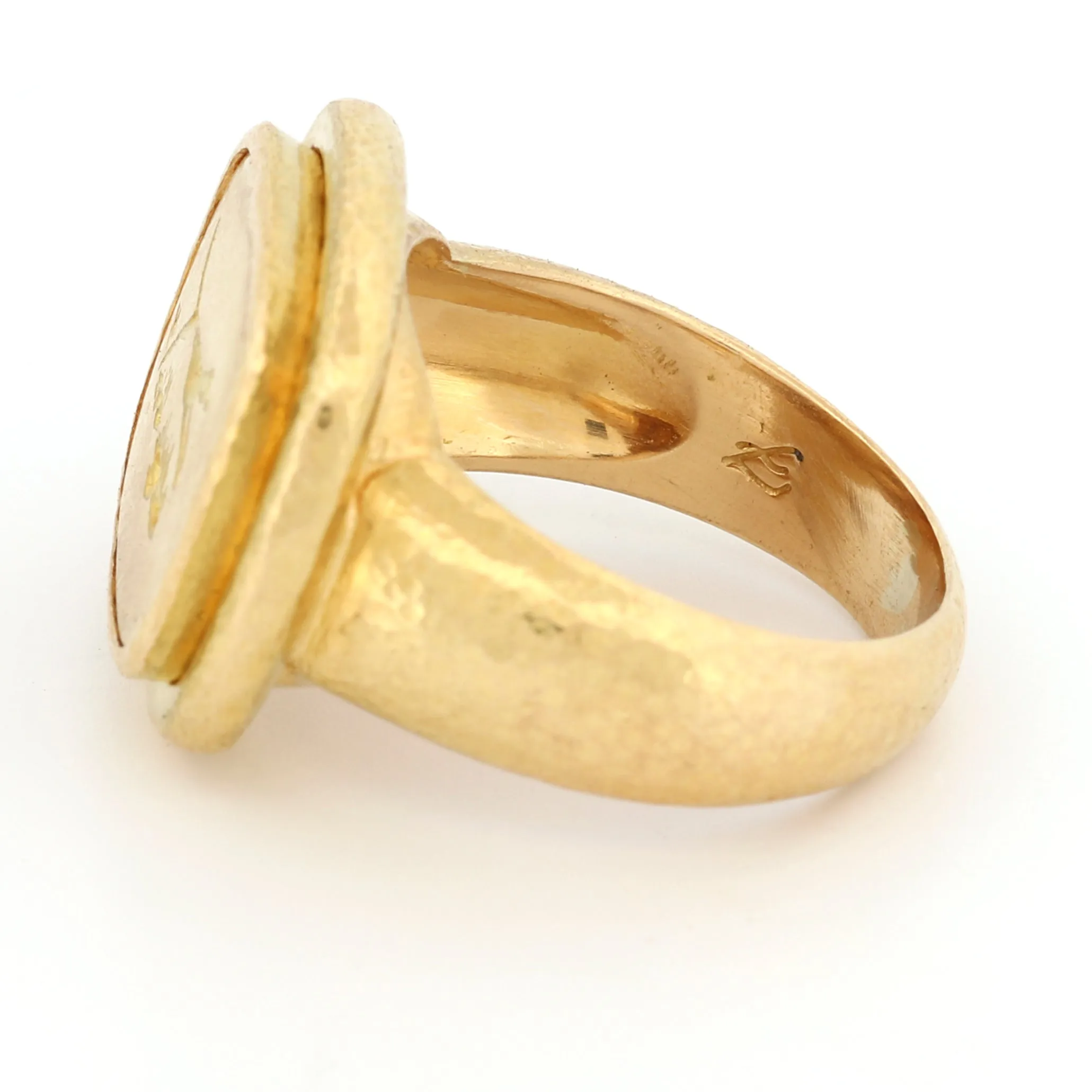 Elizabeth Locke 18k Gold Greyhound Signet Ring Hammered Texture