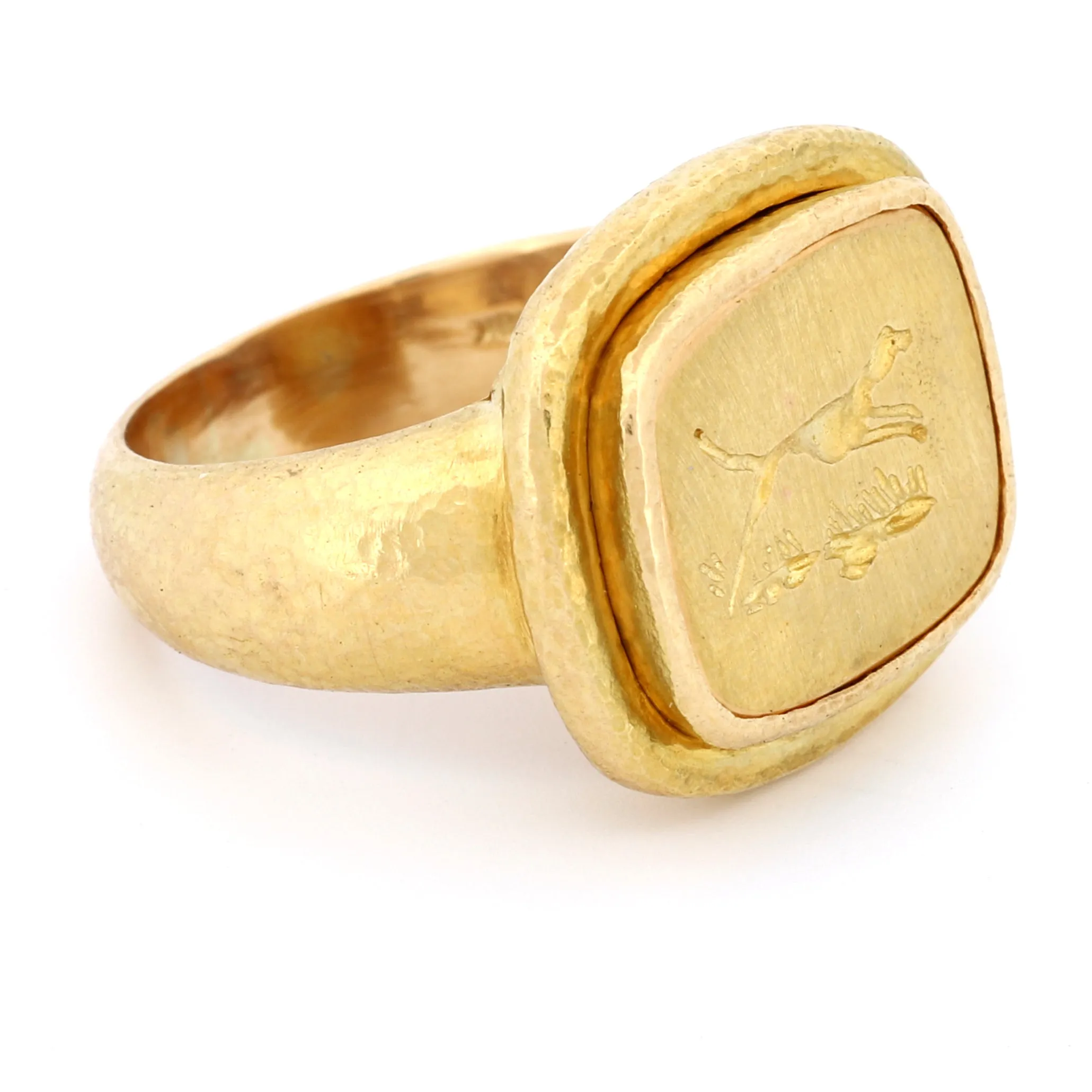 Elizabeth Locke 18k Gold Greyhound Signet Ring Hammered Texture