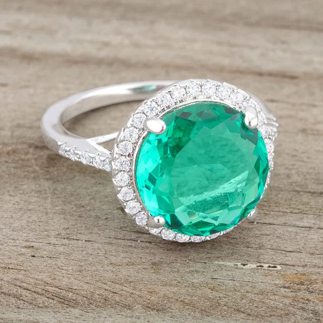 Emie Aqua Green Round Halo Classic Cocktail Ring | 8.5 Carat | Cubic Zirconia