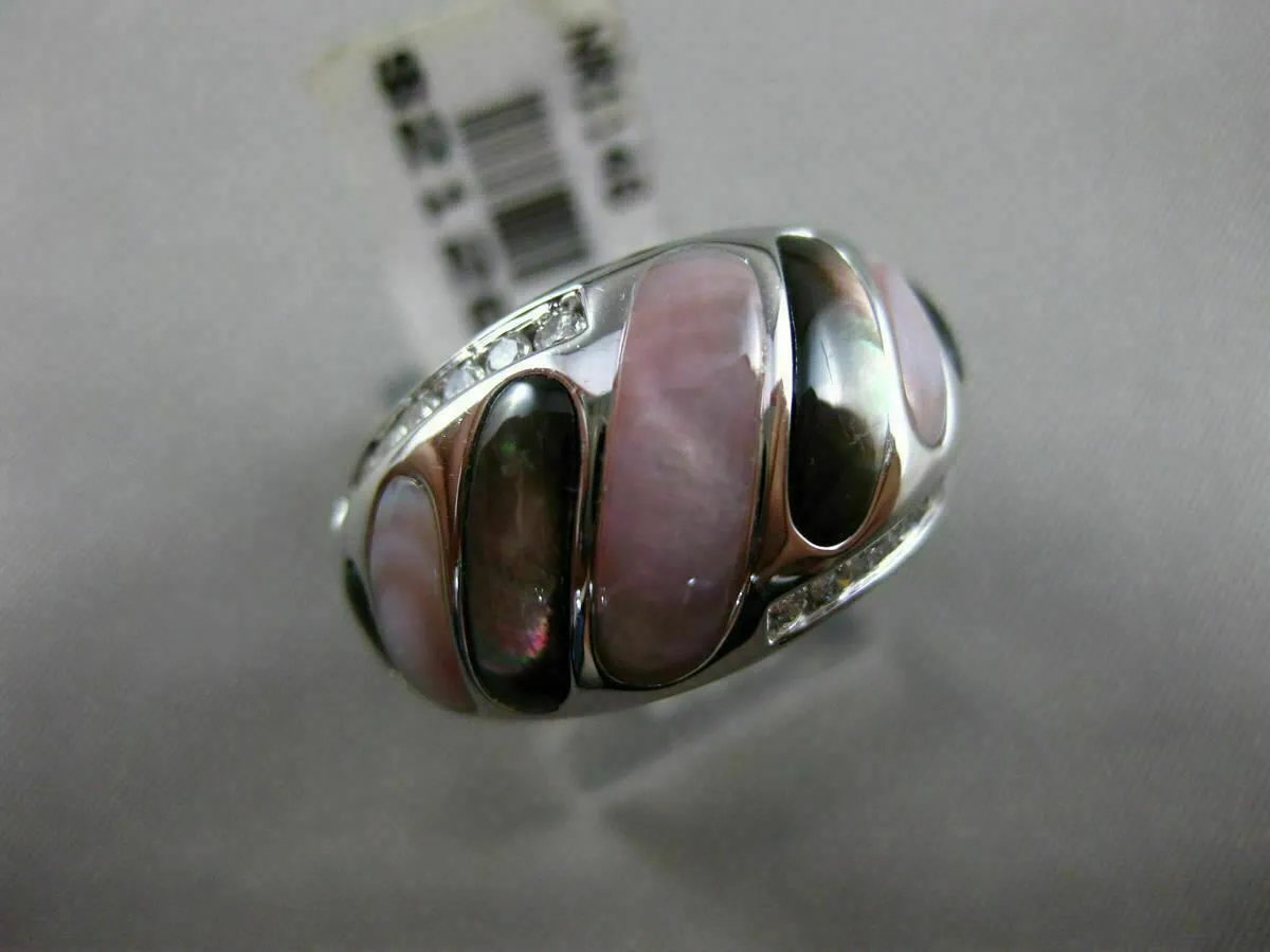 ESTATE WIDE .31CT DIAMOND 14KT WHITE GOLD AAA MOTHER OF PEARL 3D COCKTAIL RING