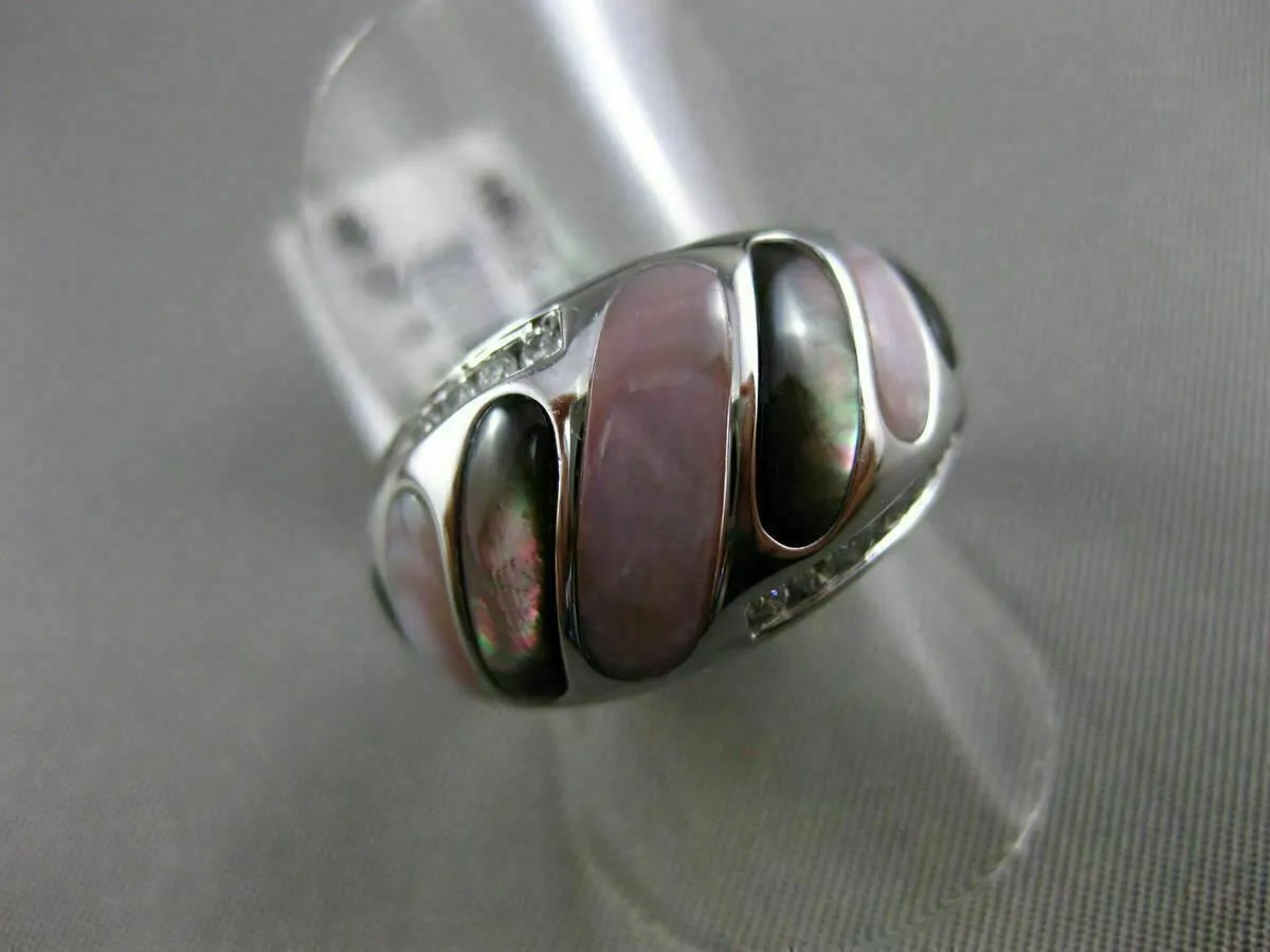 ESTATE WIDE .31CT DIAMOND 14KT WHITE GOLD AAA MOTHER OF PEARL 3D COCKTAIL RING