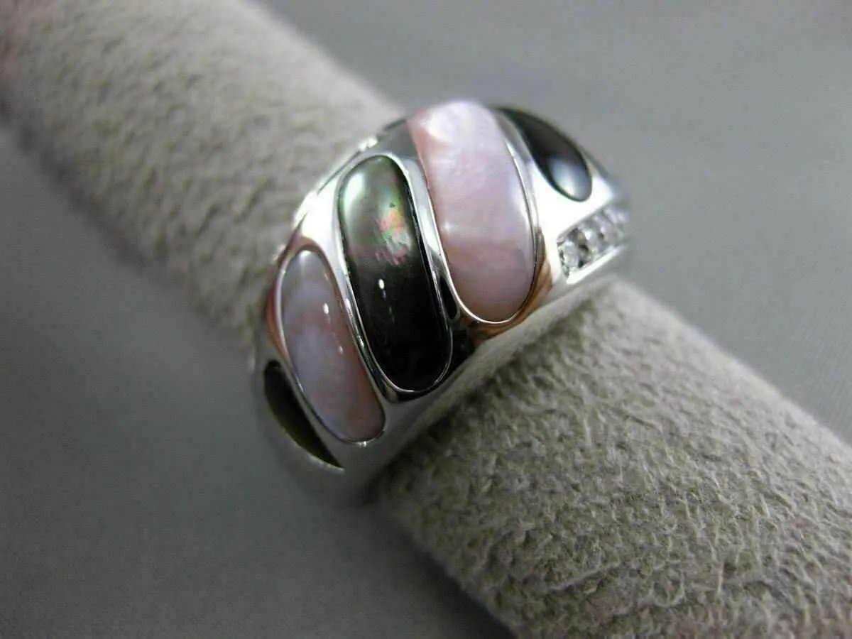 ESTATE WIDE .31CT DIAMOND 14KT WHITE GOLD AAA MOTHER OF PEARL 3D COCKTAIL RING