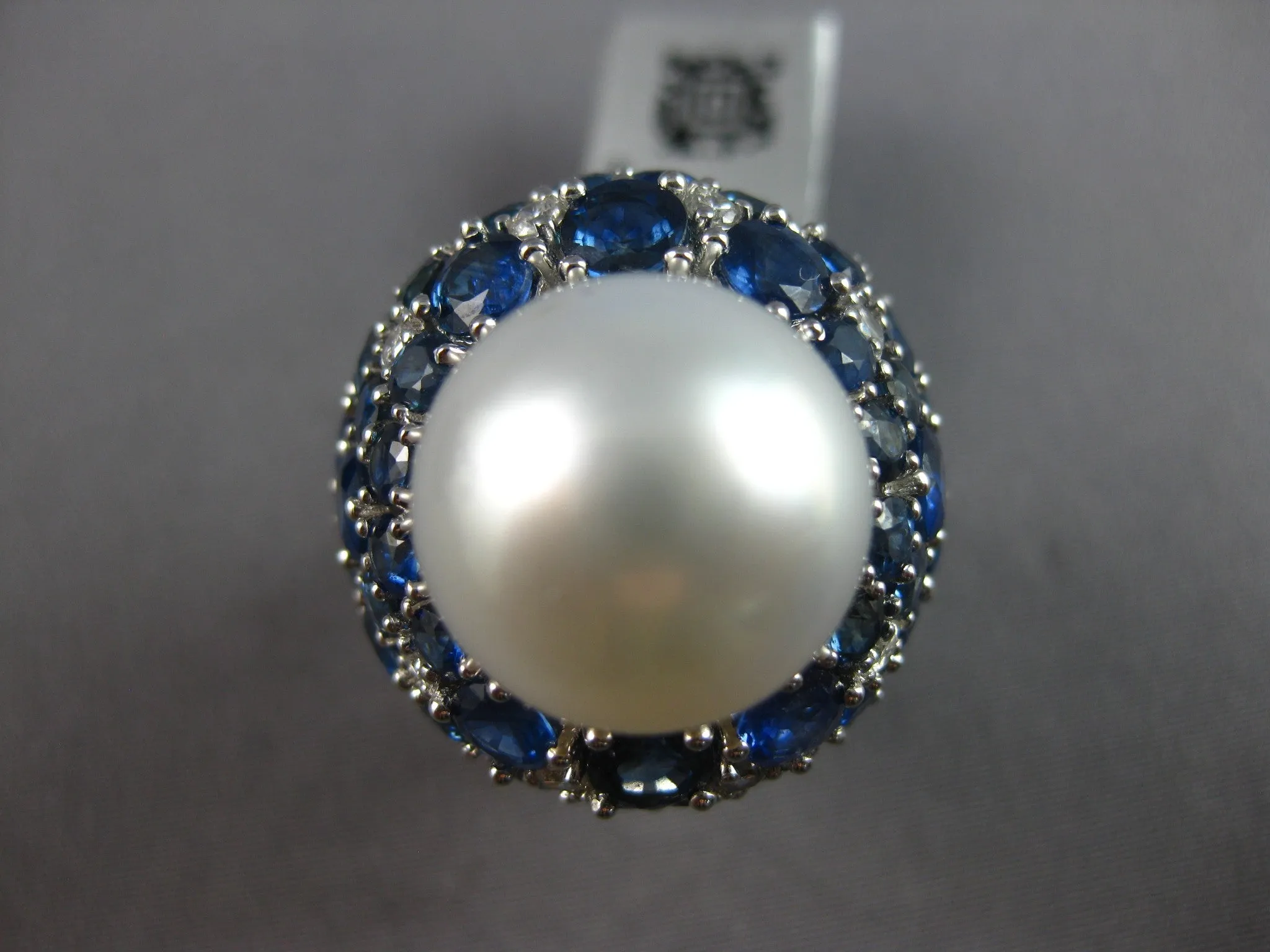 EXTRA LARGE 10.38CT DIAMOND & AAA SAPPHIRE & SOUTH SEA PEARL 18K WHITE GOLD RING
