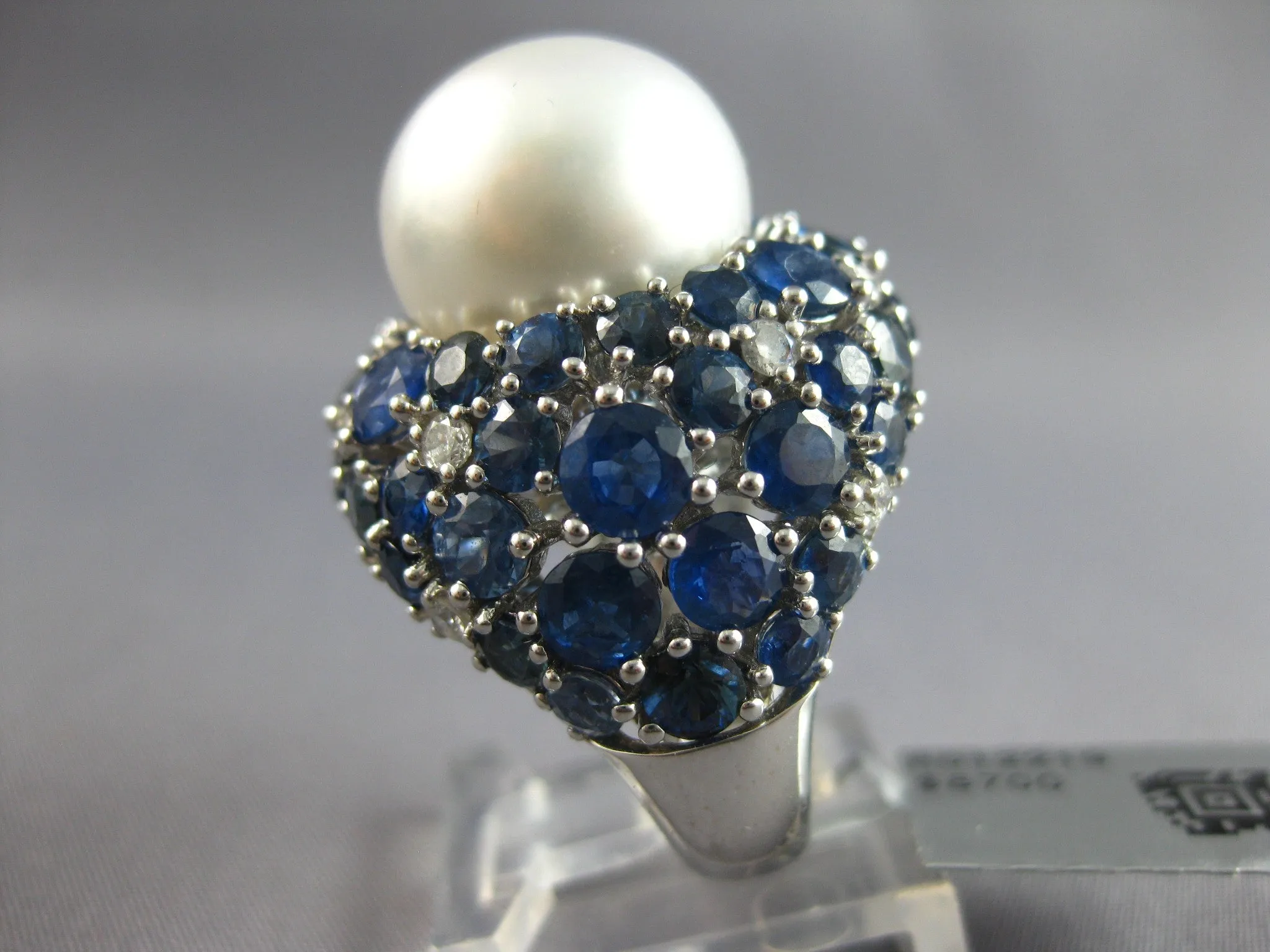 EXTRA LARGE 10.38CT DIAMOND & AAA SAPPHIRE & SOUTH SEA PEARL 18K WHITE GOLD RING