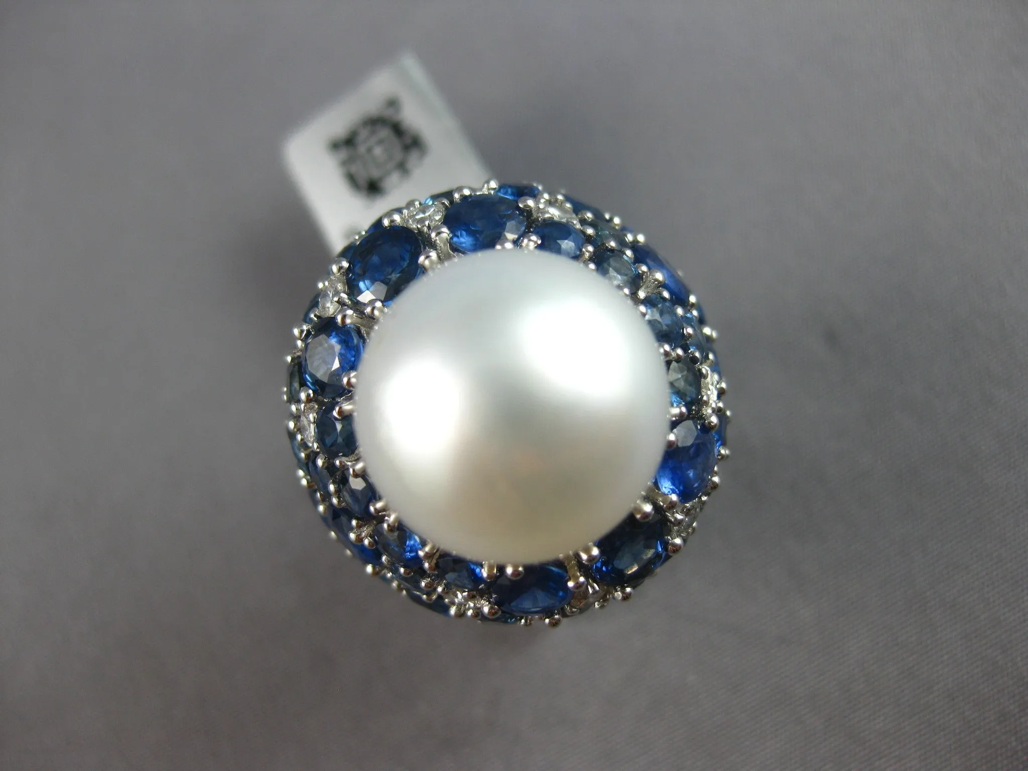 EXTRA LARGE 10.38CT DIAMOND & AAA SAPPHIRE & SOUTH SEA PEARL 18K WHITE GOLD RING