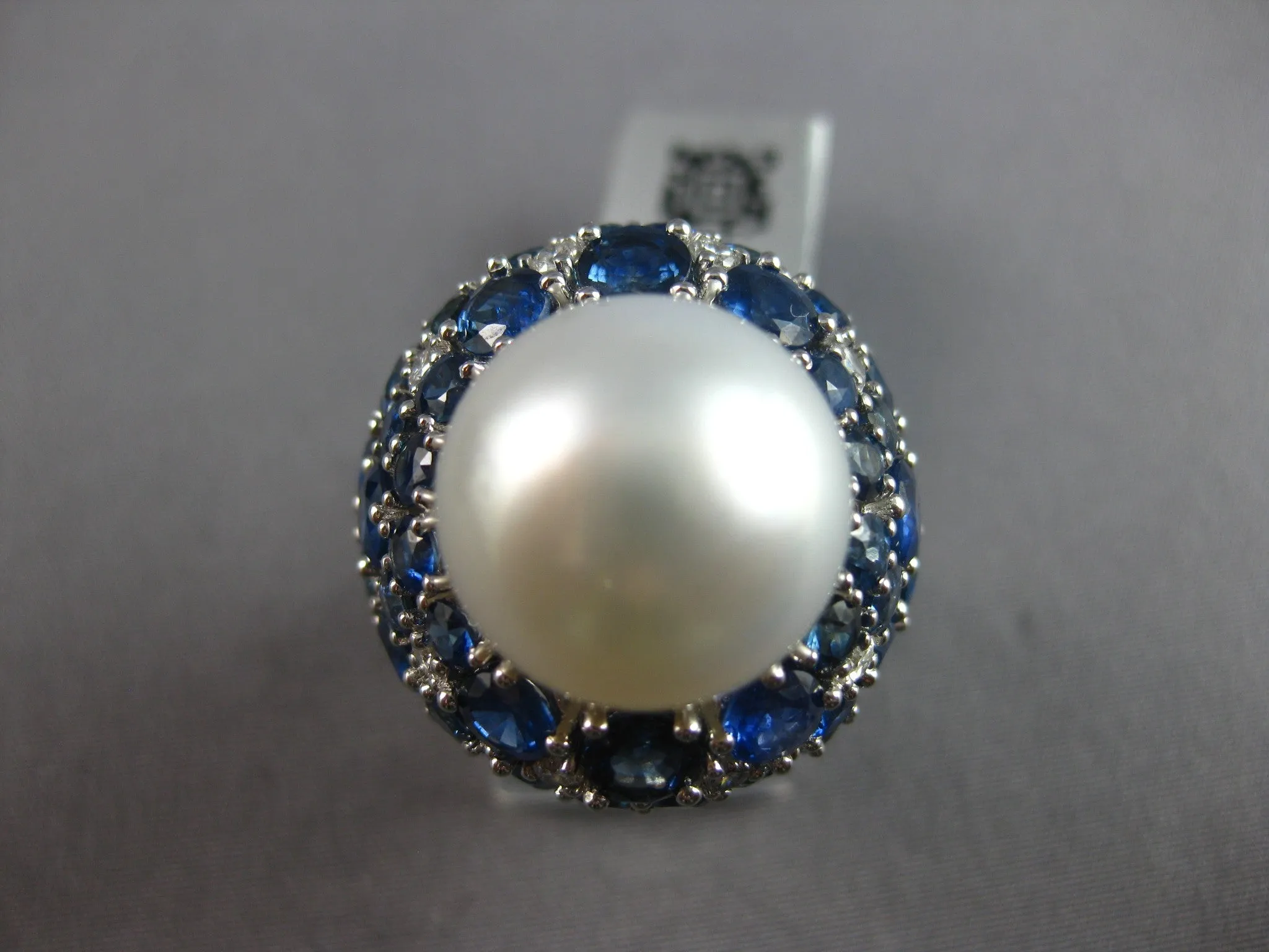 EXTRA LARGE 10.38CT DIAMOND & AAA SAPPHIRE & SOUTH SEA PEARL 18K WHITE GOLD RING