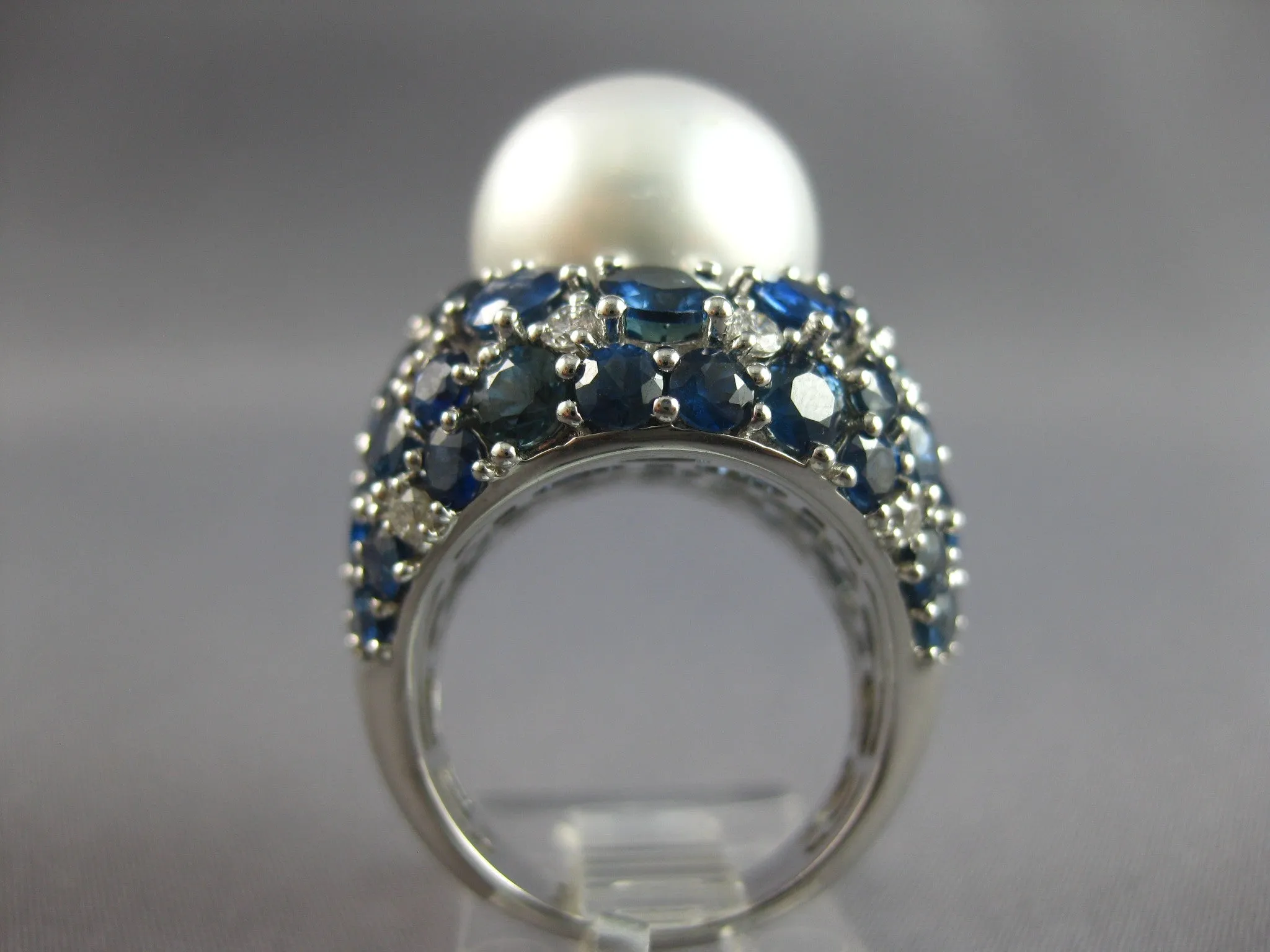 EXTRA LARGE 10.38CT DIAMOND & AAA SAPPHIRE & SOUTH SEA PEARL 18K WHITE GOLD RING