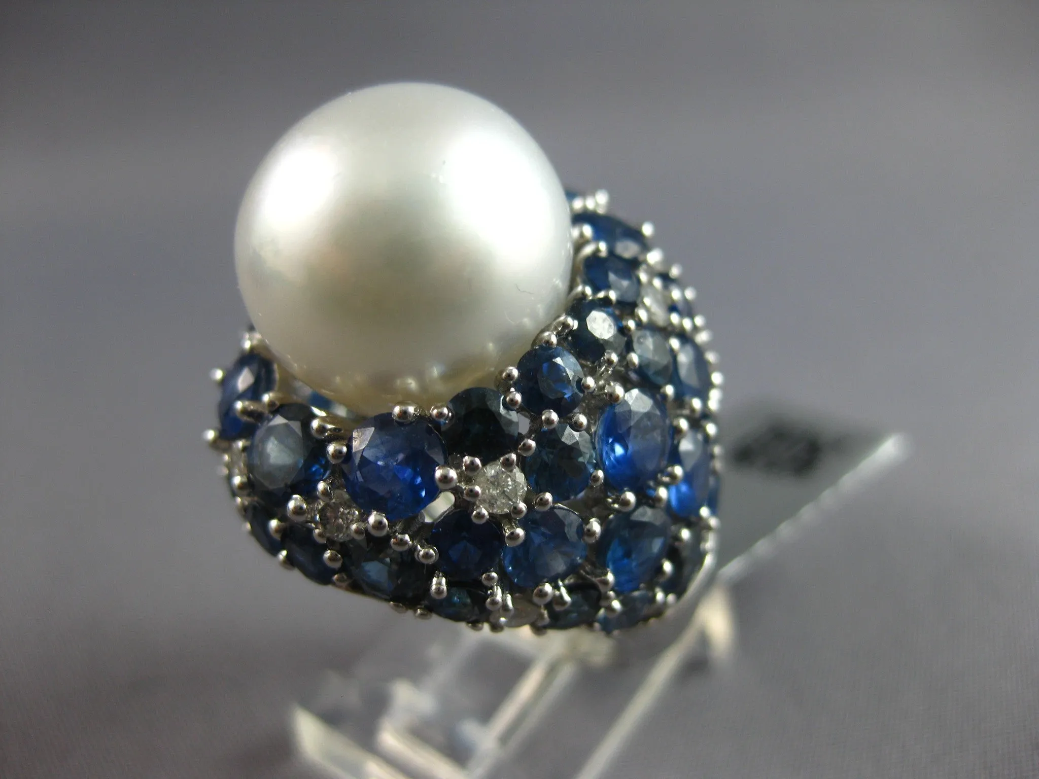 EXTRA LARGE 10.38CT DIAMOND & AAA SAPPHIRE & SOUTH SEA PEARL 18K WHITE GOLD RING