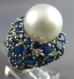 EXTRA LARGE 10.38CT DIAMOND & AAA SAPPHIRE & SOUTH SEA PEARL 18K WHITE GOLD RING