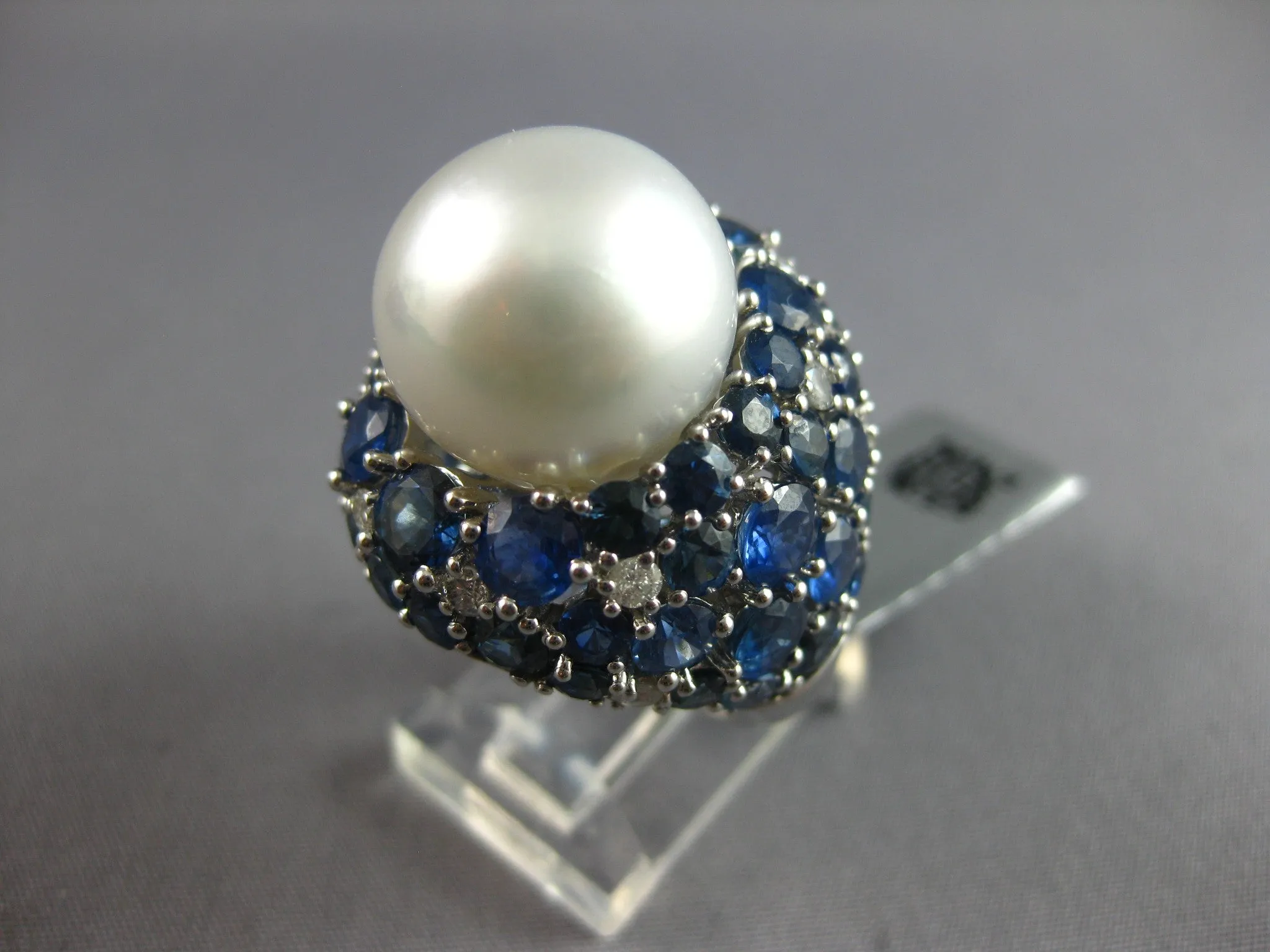 EXTRA LARGE 10.38CT DIAMOND & AAA SAPPHIRE & SOUTH SEA PEARL 18K WHITE GOLD RING