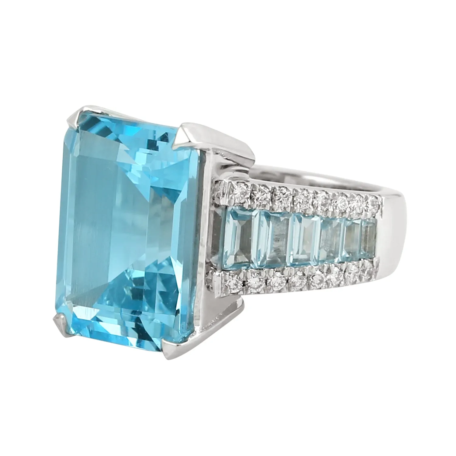 Faceted Emerald Cut Blue Topaz Diamond Wedding Gift Ring In 18k White Gold For Women