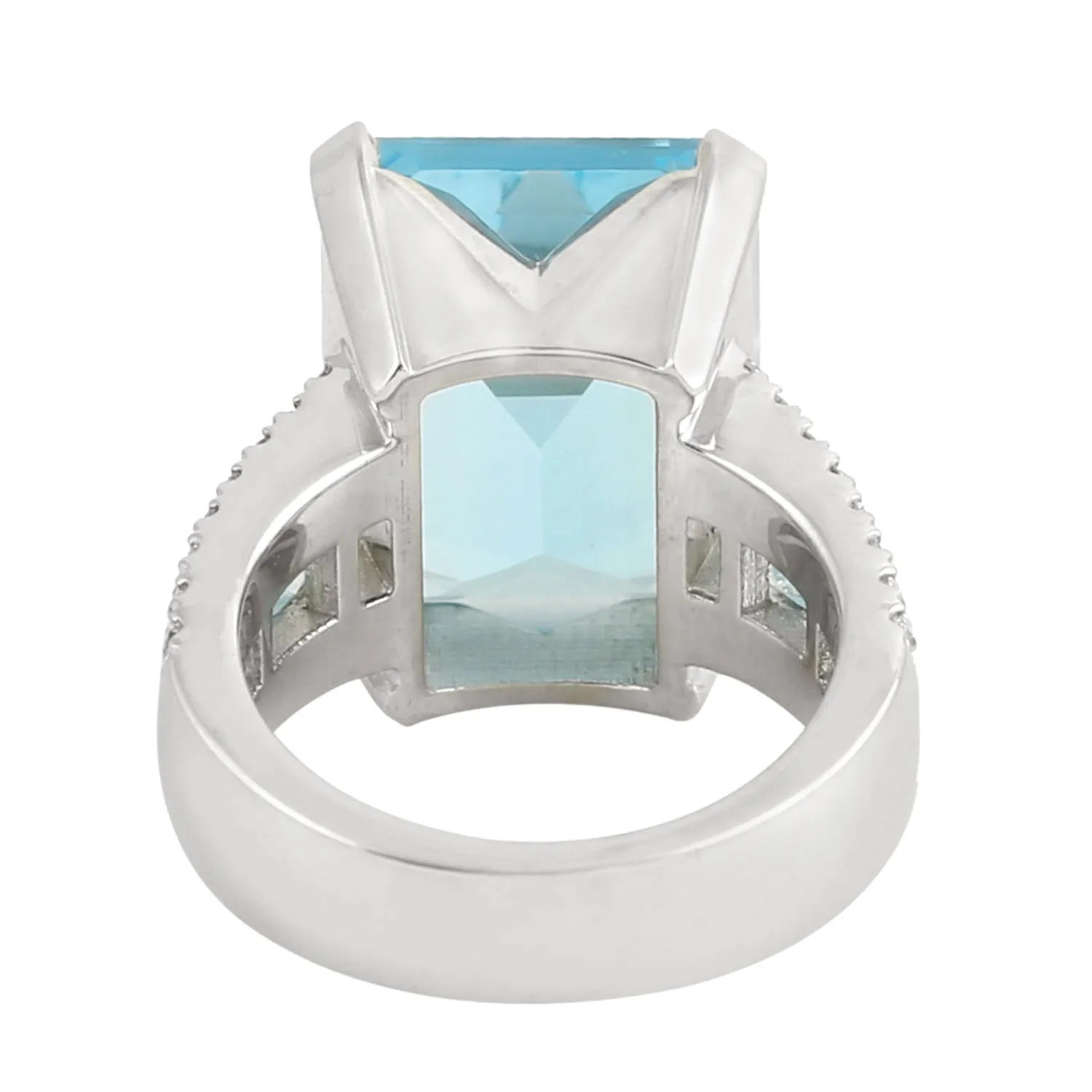 Faceted Emerald Cut Blue Topaz Diamond Wedding Gift Ring In 18k White Gold For Women