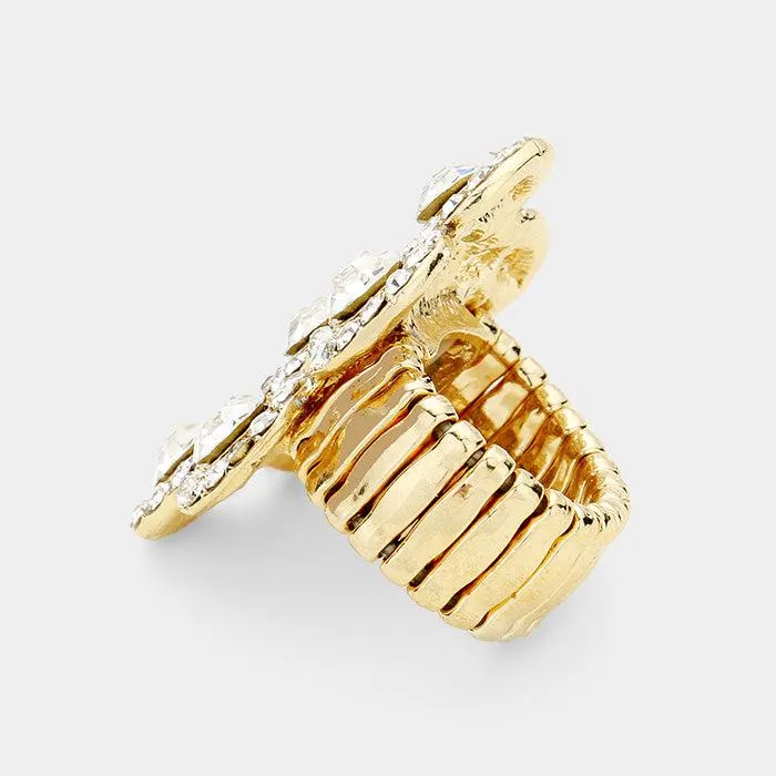 Flower Bubble Crystal Stretch Gold Tone Ring
