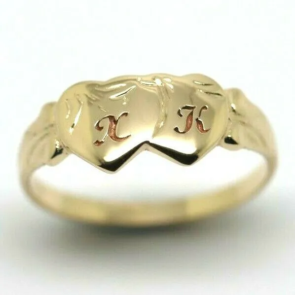 Genuine 9ct 9k Yellow, Rose or White Gold Double Heart Signet Ring   Engraving 2 initials