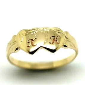 Genuine 9ct 9k Yellow, Rose or White Gold Double Heart Signet Ring   Engraving 2 initials